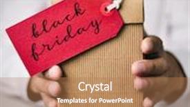  Presentation with text box - Colorful PPT theme enhanced with closeup of a young caucasian man in a white shirt holding a gift box with a red label tied to it with the text happy black friday written in it backdrop and a coral colored foreground