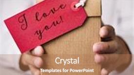  Presentation with text box - Theme consisting of closeup of a young caucasian man in a white shirt holding a gift box with a red label tied to it with the text i love you written in it background and a coral colored foreground