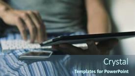  Presentation with using digital tablet - Slides enhanced with closeup-of-a-young-caucasian background and a ocean colored foreground