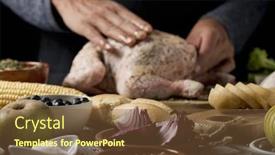  Presentation with corn cob - Cool new theme with closeup of a young caucasian man preparing a turkey placed on a rustic wooden table full of ingredients to stuff it such as apple onion or different spices and celery or a roast corn on the cob backdrop and a tawny brown colored foreground