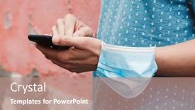  Presentation with face mask - Presentation design with closeup-of-a-young-man background and a coral colored foreground