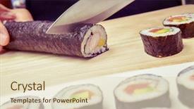  Presentation with shrimps - PPT theme with closeup of a young man preparing makizushi filled with avocado and shrimps background and a lemonade colored foreground