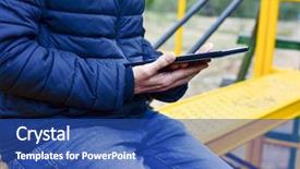  Presentation with scaffold - Slide deck featuring closeup of a young man using a tablet computer in a yellow scaffold outdoors background and a ocean colored foreground