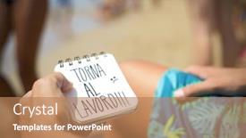  Presentation with seashore - Presentation enhanced with closeup of a young man sitting in a deck chair in the seashore of a beach showing a spiral notepad with the text torna al lavoro back to work in italian handwritten in it background and a coral colored foreground