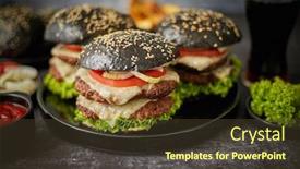  Presentation with burgers - Cool new PPT theme with closeup-of-appetizing-black-double backdrop and a tawny brown colored foreground