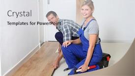  Presentation with flooring - Audience pleasing PPT theme consisting of closeup of artisan installing flooring in room backdrop and a light gray colored foreground