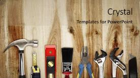  Presentation with wood tools - Cool new slide deck with closeup of assorted work tools on wood backdrop and a coral colored foreground