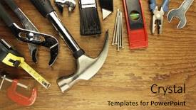  Presentation with wood tools - Audience pleasing presentation theme consisting of textile industry - orange wicker basket braided texture backdrop and a tawny brown colored foreground