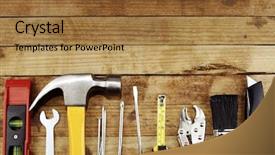  Presentation with wood tools - PPT theme enhanced with closeup of assorted work tools background and a coral colored foreground