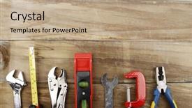  Presentation with wood tools - Beautiful slide deck featuring closeup of assorted work tools on wood backdrop and a mint green colored foreground