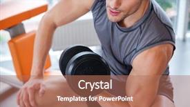  Presentation with athlete - PPT theme having closeup of attractive young man athlete sitting and exercising with dumbbell in gym background and a coral colored foreground