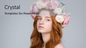  Presentation with female - Amazing slide set having closeup of attractive young redhead female in beautiful rose wreath over grey background backdrop and a light gray colored foreground
