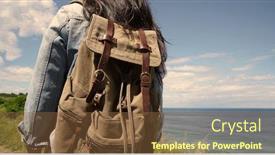  Presentation with backpack - Cool new PPT theme with closeup-of-backpack-woman-standing backdrop and a tawny brown colored foreground