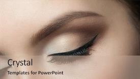  Presentation with makeup brushes and make up - PPT theme featuring closeup of beautiful woman eye background and a soft green colored foreground