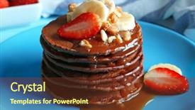 Presentation with chocolate strawberry - Slides having closeup of blue plate with delicious chocolate pancakes decorated with strawberry and banana background and a tawny brown colored foreground