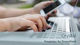  Presentation with keyboard - PPT layouts with closeup of business woman hand typing on laptop keyboard background and a light blue colored foreground