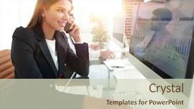  Presentation with smartphone - Slide deck consisting of closeup of business woman talking background and a  colored foreground