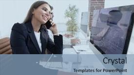  Presentation with smartphone - Presentation theme consisting of closeup of business woman talking background and a  colored foreground