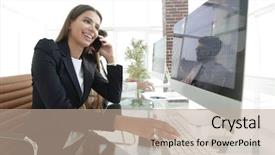  Presentation with smartphone - PPT theme featuring closeup of business woman talking background and a  colored foreground