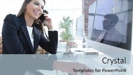  Presentation with smartphone - Cool new slides with closeup of business woman talking backdrop and a  colored foreground