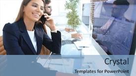  Presentation with smartphone - PPT layouts featuring closeup of business woman talking background and a  colored foreground