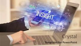  Presentation with laptop - PPT layouts enhanced with closeup-of-businessman-hands-working background and a coral colored foreground