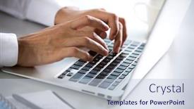  Presentation with laptop - Slide deck consisting of closeup-of-businessman-s-hands background and a lemonade colored foreground