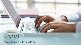  Presentation with cyber stalking computer laptop suffering - Presentation theme consisting of closeup of businessman typing background and a light blue colored foreground