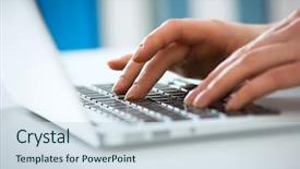  Presentation with cyber stalking computer laptop suffering - Presentation theme with closeup of businesswoman typing background and a sky blue colored foreground