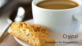  Presentation with milk - Presentation featuring closeup of cantuccini and a cup of coffee with milk background and a gold colored foreground
