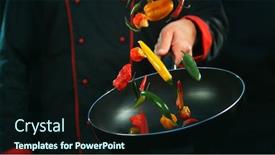  Presentation with chilli - Audience pleasing presentation theme consisting of closeup of chef holding frying with falling chilli peppers isolated on black background backdrop and a wine colored foreground