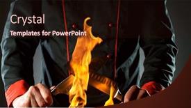  Presentation with cooking fire - Colorful slide deck enhanced with closeup-of-chef-holding-knives backdrop and a wine colored foreground