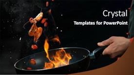  Presentation with chef - Presentation theme with closeup of chef holding wok pan with falling prawns with chilli peppers isolated on black background background and a black colored foreground