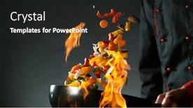  Presentation with food preparation - Beautiful presentation design featuring closeup-of-chef-throwing-vegetable backdrop and a dark gray colored foreground