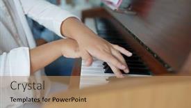  Presentation with piano - Presentation design having closeup of child's hands playing the piano background and a coral colored foreground