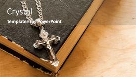  Presentation with black christian - Slide deck having silver chain on holy bible background and a tawny brown colored foreground