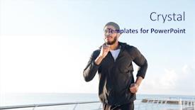  Presentation with african music - Beautiful presentation theme featuring closeup of confident african young man listening to music and running on pier backdrop and a sky blue colored foreground