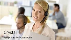  Presentation with customer service - Cool new PPT theme with closeup of customer service manager backdrop and a  colored foreground