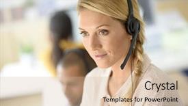  Presentation with customer service - Slide deck having closeup of customer service manager background and a soft green colored foreground