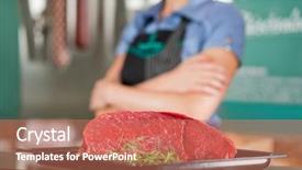  Presentation with butcher - Amazing PPT layouts having closeup of delicious beef meat with female butcher in background backdrop and a coral colored foreground