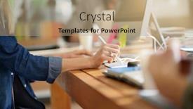  Presentation with desktop - Cool new presentation design with closeup-of-designer-using-graphic backdrop and a coral colored foreground