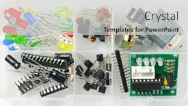  Presentation with diy - Cool new slide set with closeup of electronic component unit part radio equipment and digital microchip - diy kit for learning training and development of electric circuits backdrop and a light gray colored foreground