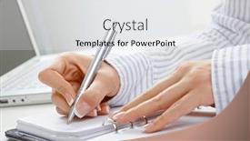  Presentation with personal - Amazing PPT theme having closeup of female hand writing notes into personal organizer backdrop and a white colored foreground