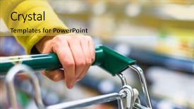  Presentation with supermarket trolley - PPT layouts having closeup of female shopper with trolley at supermarket background and a yellow colored foreground