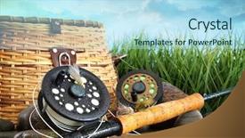  Presentation with fly - PPT theme featuring closeup of fly fishing equipment background and a light blue colored foreground