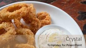  Presentation with dip - Amazing presentation design having closeup of fried calamari rings with dip sauce isolated on rustic wooden table backdrop and a coral colored foreground