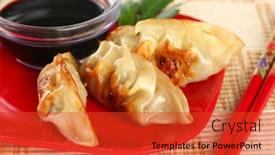  Presentation with meat food - Cool new PPT theme with closeup of fried potstickers dumplings traditional asian food stuffed with pork meat or vegetables backdrop and a red colored foreground