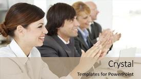  Presentation with business group meeting - Beautiful PPT theme featuring closeup of group of business backdrop and a coral colored foreground