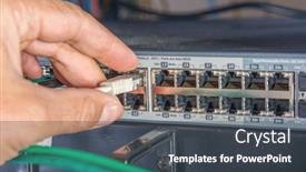  Presentation with network cable - Cool new PPT theme with closeup-of-hand-of-administrator backdrop and a dark gray colored foreground