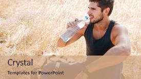  Presentation with drinking water - Presentation theme enhanced with closeup of handsome young man athlete drinking water in forest and resting background and a coral colored foreground